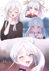  1girl :d black_shirt cho_kaguya-hime! closed_eyes collarbone commentary_request crying crying_with_eyes_open facing_viewer gradient_hair hand_to_own_mouth highres japanese_clothes kaguya_(cho_kaguya-hime!) long_hair multicolored_hair multiple_views one_eye_closed onemuikun-b open_mouth pink_hair purple_nails runami_yachiyo shirt short_sleeves smile squeans tears translated upper_body white_background white_hair yawning 