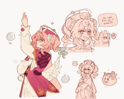  1girl aqua_eyes aqua_hair arm_up beret commentary creature crown dress drill_hair english_commentary english_text hair_between_eyes hair_intakes hat highres honkai:_star_rail honkai_(series) hyacine_(honkai:_star_rail) layered_dress little_ica_(honkai:_star_rail) long_hair long_sleeves mini_crown multicolored_hair multiple_views neck_ribbon parted_lips pink_hair profanity profile puffy_long_sleeves puffy_sleeves red_dress red_hat ribbon simple_background skion smile speech_bubble teeth twin_drills two-tone_hair upper_body white_background white_sleeves yellow_pupils 