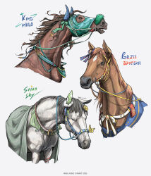  absurdres animal animal_focus blanket bow brown_horse bug butterfly character_name commentary ear_bow ear_covers ear_ribbon english_commentary flower grass_wonder_(racehorse) grass_wonder_(umamusume) green_bow hair_flower hair_ornament highres horse king_halo_(racehorse) king_halo_(umamusume) mada_fadaz mask no_humans real_life reins seiun_sky_(racehorse) seiun_sky_(umamusume) single_ear_cover sunflower sunflower_hair_ornament umamusume 