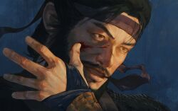  1boy absurdres beard black_hair blood_on_cheek blue_background blue_robe brown_eyes chinese_clothes chinstrap_beard commentary_request facial_hair hand_wraps headband highres hua_bucheng lips male_focus mature_male mustache portrait purple_headband realistic robe short_hair simple_background smile solo soul_patch where_winds_meet yi_dao_(where_winds_meet) 