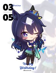  1girl animal_ears asymmetrical_jacket black_corset black_pantyhose blue_eyes blue_hair blush breasts character_name chibi closed_mouth commentary_request corset ear_covers hair_between_eyes happy_birthday highres horse_ears horse_girl horse_tail kanntsukirin long_hair looking_at_viewer mole mole_under_eye one_eye_closed pantyhose single_ear_cover skirt smile tail umamusume verxina_(le_beau_sommet)_(umamusume) verxina_(umamusume) zoom_layer 