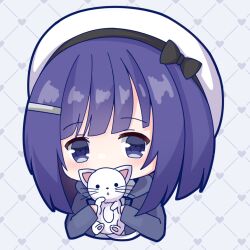  1girl animal beret black_bow blue_eyes blue_hair blunt_bangs blunt_ends bob_cut bow cat commentary cropped_torso fuiba_fuyu gochuumon_wa_usagi_desu_ka? grey_background grey_hoodie hair_ornament hairclip hands_up hat hat_bow heart holding holding_animal holding_cat hood hood_down hoodie kk0220 medium_hair simple_background solo tareme upper_body white_cat white_hat 