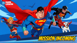  1girl 1other 2boys animal_collar belt bird black_belt black_jacket blonde_hair blue_bodysuit blue_eyes blue_shirt blue_thighhighs bodysuit boots breasts cape clenched_hands collar commentary dc:_dark_legion dc_comics dog dynamic_pose ear_piercing earrings english_commentary english_text fingerless_gloves floating_cape flying glasses gloves gold_belt highres jacket jewelry knee_up krypto_the_superdog leather leather_jacket long_sleeves looking_afar miniskirt multicolored_bodysuit multiple_boys orange-tinted_eyewear piercing red_belt red_bodysuit red_boots red_cape red_gloves red_lips red_skirt shirt short_cape short_hair simple_background skirt small_breasts spiked_jacket studded_belt superboy supergirl superman superman_(series) superman_logo thigh-highs thigh_boots thighhighs_under_boots tinted_eyewear undercut very_short_hair white_dog 