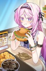  1girl armlet bare_shoulders black_choker black_hairband black_nails blue_eyes bracelet braid byeolbichnyanyang chicken_(food) chicken_sandwich choker citlali_(genshin_impact) citlali_(mom's_touch)_(genshin_impact) closed_mouth commentary contemporary cup disposable_cup dress eating elbow_rest facial_mark fast_food food food_on_face genshin_impact hair_between_eyes hair_intakes hair_ribbon hairband highres holding holding_food holding_sandwich indoors jewelry long_hair looking_at_viewer menu nail_polish napkin official_alternate_costume pink_hair pink_pupils restaurant ribbon sandwich sitting soda solo tray triangle triangle_facial_mark untranslatable_commentary upper_body very_long_hair white_dress 