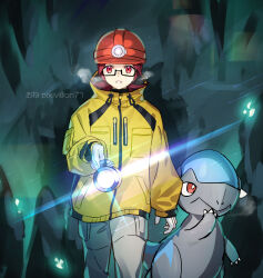  1boy breath cave_interior commentary_request cranidos flashlight gloves grey_pants helmet highres holding holding_flashlight indoors jacket looking_at_viewer male_focus on71 pants pixiv_username pokemon pokemon_(creature) pokemon_diamond/pearl/platinum red_eyes red_helmet roark_(pokemon) stalactite stalagmite standing white_gloves yellow_jacket 