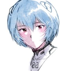  1girl ayanami_rei blue_hair blush bodysuit closed_mouth commentary_request looking_at_viewer mecha_pilot_suit neon_genesis_evangelion ollr_4 plugsuit_(evangelion) red_eyes short_hair simple_background solo white_background white_bodysuit 