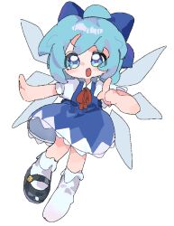  1girl blue_bow blue_dress blue_eyes blue_hair blue_shirt blush bow cirno collar collared_shirt commentary dress english_commentary fairy_wings frilled_shirt_collar frills frog highres ice ice_wings juliet_sleeves kuzucirno long_sleeves looking_at_viewer mary_janes puffy_sleeves red_bow self-upload shirt shoes short_hair single_shoe skirt socks solo touhou white_background white_socks wings 