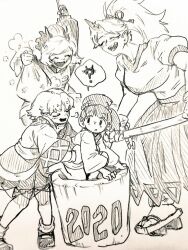  2020 4girls ? alternate_hairstyle arm_warmers blush bow breasts broken broken_chain chain closed_eyes commentary_request cuffs dress fangs geta hair_bobbles hair_bow hair_ornament holding holding_mallet horns hoshiguma_yuugi japanese_clothes kimono kine kisume kurodani_yamame large_breasts mallet menotama mizuhashi_parsee mochitsuki mortar_(bowl) multi-source_commentary multiple_girls new_year oni open_mouth pointy_ears ponytail puff_of_air puffy_short_sleeves puffy_sleeves scarf shackles shirt shoes short_sleeves single_horn skin_fangs skirt smile spoken_question_mark touhou traditional_media twintails 