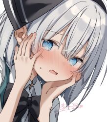  1girl @_@ black_bow black_bowtie black_hairband blue_eyes blush bow bowtie collared_shirt commentary_request embarrassed green_vest grey_hair hairband highres konpaku_youmu looking_at_viewer medium_hair open_mouth otowa_(otoha4634) portrait shirt signature simple_background solo touhou vest white_background white_shirt 