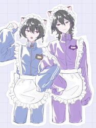  2boys 32o animal_ears apron arm_up black_hair blue_background blue_track_suit brothers cat_ears closed_mouth commentary_request cropped_legs crossdressing crossdressing_(mtf) ensemble_stars! fang frilled_apron frills grid_background hair_between_eyes highres jersey_maid light_blush locked_arms looking_at_another looking_to_the_side maid maid_apron maid_headdress male_focus male_maid medium_hair multiple_boys name_tag open_mouth outline purple_track_suit red_eyes sakuma_rei_(ensemble_stars!) sakuma_ritsu short_hair siblings sleeves_past_fingers sleeves_past_wrists smile strap_slip track_suit unconventional_maid white_apron white_outline 
