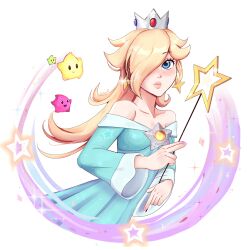  1girl 3others absurdres alternate_nail_color aqua_dress bare_shoulders blonde_hair blue_eyes blue_gem blush brooch collarbone commentary dress english_commentary gem hair_over_one_eye highres holding holding_wand jeweled_crown jewelry looking_at_viewer luma_(mario) medium_hair multiple_others nail_polish open_mouth pink_nails red_gem rosalina signature silver_crown simple_background smile soswii star_(symbol) star_brooch super_mario_bros. super_mario_galaxy the_super_mario_galaxy_movie wand white_background yellow_gem 