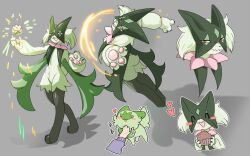  animal_hands black_fur blush_stickers body_fur cape cat commentary_request cupcake food full_body furry green_fur green_hair grey_background highres korean_commentary looking_at_viewer maenggyul98785 mask meowscarada multiple_views open_mouth other_focus pawpads pink_eyes pokemon pokemon_(creature) short_hair short_tail simple_background solo_focus sprigatito standing tail two-tone_fur upper_body 