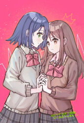  2girls 3mormu adachi_sakura adachi_to_shimamura black_skirt blue_hair blush bow bowtie brown_eyes brown_hair brown_sweater closed_mouth commentary drawn_crown english_text green_eyes grey_sweater happy_birthday highres holding_hands interlocked_fingers long_hair medium_hair multiple_girls pink_background pink_bow pink_bowtie plaid_clothes plaid_skirt pleated_skirt school_uniform shimamura_hougetsu simple_background skirt smile sweater yuri 