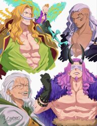  5boys armlet asymmetrical_hair black_gloves blindfold blonde_hair braid braided_sidelocks coat commentary_request edward_newgate facial_hair facial_tattoo frilled_shirt frills frown gloves goatee green_eyes green_shirt grey_hair grin harpy_boy highres horns jewelry king_(one_piece) loki_(one_piece) long_hair male_focus marco_(one_piece) monster_boy multiple_boys muscular muscular_male mustache mustache_stubble one_piece open_clothes open_mouth open_shirt person_on_shoulder pink_hair purple_coat purple_shirt red_eyes round_eyewear scar scar_across_eye scar_on_face shirt short_hair sidelocks silvers_rayleigh smile spiked_armlet stubble tattoo toned toned_male topless_male white_coat yorumesi_j 