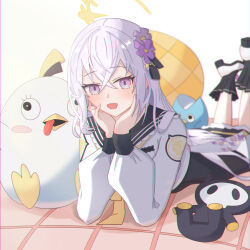  1girl absurdres arius_branch_school_logo arm_support azusa_(blue_archive) black_sailor_collar black_skirt black_socks blue_archive blush breast_pocket chromatic_aberration commentary_request crossed_bangs dere_mono_j feet_up flower frilled_shirt_collar frills hair_between_eyes hair_flower hair_ornament halo highres long_hair long_sleeves looking_at_viewer lying neckerchief on_blanket on_stomach open_mouth peroro_(blue_archive) pocket purple_flower sailor_collar shirt shoes sidelocks simple_background skirt socks solo stuffed_toy trinity_general_school_logo very_long_hair violet_eyes white_background white_hair white_shirt white_shoes yellow_halo yellow_neckerchief 