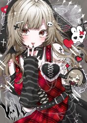  1girl :p @_@ absurdres arm_behind_back armlet bare_shoulders belt black_armlet black_belt black_hat black_nails black_skirt black_sleeves black_wings bone_hair_ornament chibana_sora chibi choker commentary cross-laced_clothes cross-laced_top cross_tattoo detached_sleeves dot_nose dutch_angle english_commentary grey_background grey_eyes grey_hair grey_theme hair_ornament hand_on_own_chin hand_up hat heart highres jewelry light_blush long_hair looking_at_viewer melting_heart original piercing plaid_clothes plaid_shirt pleated_skirt red_shirt revision shirt sidelocks skirt skull_hair_ornament solo_focus spiked_choker spikes standing striped_sleeves tattoo tongue tongue_out tongue_piercing watermark wings x_hair_ornament 