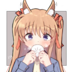  1girl absurdres animal_ear_fluff animal_ears blue_eyes blue_jacket blush border commentary_request ear_wiggle eating extra_ears eyes_visible_through_hair food food_on_face fox_ears grey_background hair_between_eyes hair_ribbon hands_up highres holding holding_food jacket kanon kemonomimi_mode long_hair looking_at_viewer luchia motion_lines open_clothes open_jacket orange_hair outside_border red_ribbon ribbon sawatari_makoto shirt signature simple_background solo steam steamed_bun two_side_up white_border wide-eyed yellow_shirt 