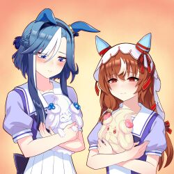  2girls ^_^ absurdres admire_groove_(umamusume) alcremie alcremie_(berry_sweet) alcremie_(love_sweet) bails blue_hair brown_hair character_request check_character check_copyright closed_eyes commentary_request copyright_request ear_covers hair_ribbon highres horse_girl looking_at_creature mole mole_under_eye multicolored_hair multiple_girls pleated_skirt pokemon pokemon_(creature) puffy_short_sleeves puffy_sleeves purple_shirt red_eyes red_ribbon ribbon sailor_collar sailor_shirt school_uniform shirt short_hair_with_long_locks short_sleeves skirt still_in_love_(umamusume) streaked_hair tracen_school_uniform umamusume upper_body veil violet_eyes white_sailor_collar white_skirt white_streaks white_veil 
