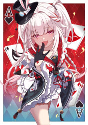  1girl absurdres ace_(playing_card) black_gloves black_hat blunt_bangs braid card collar commentary_request cowboy_shot diamond_(shape) diamond_facial_mark facial_mark fang fingernails frilled_skirt frills gloves grey_hair hat heart heart_facial_mark highres honkai:_star_rail honkai_(series) long_hair long_sleeves looking_at_viewer mark_under_both_eyes multicolored_hair nail_polish ojou-sama_pose pink_eyes pink_nails playing_card poker red_collar red_hair red_ribbon red_streaks ribbon single_glove skirt solo sparkle_(honkai:_star_rail) sparxie_(honkai:_star_rail) standing streaked_hair twin_braids twintails vic_1223 white_skirt wide_sleeves 