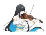 1girl black_hair blue_hair bow_(music) cdlo closed_eyes colored_inner_hair detached_sleeves dress forehead_jewel holding holding_bow_(music) holding_instrument instrument long_sleeves multicolored_hair music playing_instrument punishing:_gray_raven selena_(punishing:_gray_raven) sidelocks solo violin white_background white_dress 