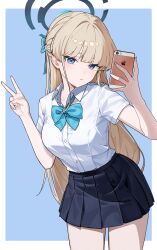  1girl absurdres black_skirt blue_archive blue_background blue_bow blue_bowtie blue_eyes blue_halo blunt_bangs border bow bowtie braid breasts cellphone closed_mouth commentary_request cowboy_shot crown_braid dot_nose dress_shirt hair_ornament halo highres holding holding_phone iphone long_hair looking_at_phone medium_breasts nozik_1111 phone pleated_skirt school_uniform selfie shirt short_sleeves simple_background skirt smartphone solo standing taking_picture toki_(blue_archive) v very_long_hair white_border white_shirt 