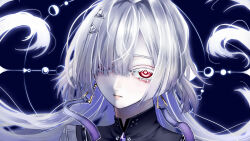  1girl blue_background closed_mouth colored_eyelashes commentary_request dark_background earrings expressionless eyes_visible_through_hair floating_hair grey_hair hair_intakes hair_ornament hair_over_one_eye highres jewelry ledoa long_hair looking_at_viewer mornye_(wuthering_waves) partial_commentary portrait red_eyes solo triangle_earrings wuthering_waves 