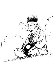  1boy closed_eyes closed_mouth clouds full_body grass greyscale headband highres japanese_clothes keaju kimono kung_fu_man m.u.g.e.n male_focus monochrome outdoors sitting smile 