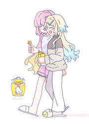  2girls :d absurdres animal_slippers anyoji_hime anyoji_hime_(summer_loungewear) blonde_hair blue_hair blush brown-framed_eyewear brown_shirt chicken_(food) closed_eyes commentary_request dog_slippers food fried_chicken full_body glasses gradient_hair hair_ornament hairclip highres holding holding_food link!_like!_love_live! long_sleeves love_live! multicolored_hair multiple_girls open_mouth osawa_rurino osawa_rurino_(summer_loungewear) pants pink_shorts profile shirt shorts simple_background slippers smile t-shirt translation_request virtual_youtuber walking watage_modoki white_background white_pants white_shirt 