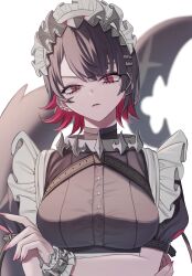  1girl absurdres apron black_hair black_shirt colored_inner_hair commentary_request crossed_arms earclip ellen_joe fins fish_tail frilled_wrist_cuffs frilled_wristband frills hairband head_tilt highres large_tail looking_at_viewer maid maid_apron maid_headdress metal_hairband mole mole_under_eye multicolored_hair open_mouth puffy_short_sleeves puffy_sleeves red_eyes red_hair red_nails shark_girl shark_tail shirt short_hair short_sleeves slit_pupils solo tail tail_raised upper_body wrist_cuffs wristband zabu_rou zenless_zone_zero 