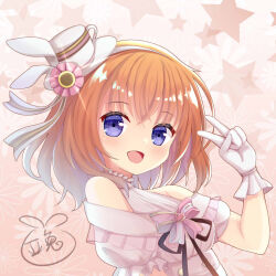 1girl :d bare_shoulders blue_eyes blush commentary crossed_bangs dress eyelashes eyes_visible_through_hair frilled_gloves frilled_sleeves frills glint gloves gochuumon_wa_usagi_desu_ka? hair_between_eyes hand_up happy hat hat_ornament hat_ribbon highres hoto_cocoa kk0220 looking_at_viewer medium_hair mini_hat mini_top_hat off-shoulder_dress off_shoulder open_mouth orange_hair pink_background pink_dress puffy_short_sleeves puffy_sleeves rabbit_hat_ornament ribbon short_sleeves signature simple_background smile solo star_(symbol) star_symbol_background tareme top_hat upper_body v white_gloves white_hat white_ribbon