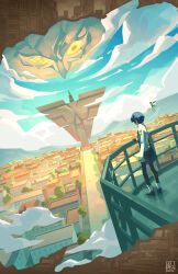  1boy 1girl alina_l arm_at_side bag black_bag black_boots black_gloves black_hairband black_pants blue_hair boots building city commentary day english_commentary fairy fairy_wings floating_rock from_behind gallica_(metaphor:_refantazio) gloves hairband hand_on_railing highres jacket leotard long_sleeves metaphor:_refantazio mountainous_horizon orange_hair outdoors pants protagonist_(metaphor:_refantazio) railing road scenery short_hair shoulder_bag signature standing street twitter_username white_jacket wide_shot wings yellow_leotard 