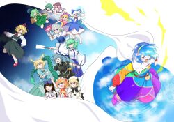  6+girls absurdres american_flag_dress animal_ears antennae antlers apron ascot between_fingers bird_ears black_cape black_shirt black_skirt black_vest blonde_hair blue_bow blue_dress blue_eyes blue_hair blue_hat blue_ribbon blue_shirt blue_skirt bow braid brown_hat camouflage camouflage_shirt camouflage_skirt cape cirno clenched_hand clownpiece collared_shirt commentary_request detached_sleeves detached_wings dragon_girl dragon_horns dragon_tail dress drill_hair fairy fairy_wings fang frilled_shirt_collar frills frog_hair_ornament fur-tipped_tail green_bow green_hair green_shirt green_skirt green_tail grey_hair guminemi hair_bow hair_ornament hair_ribbon hairband hand_on_own_cheek hand_on_own_face hat highres himemushi_momoyo holding holding_knife holding_torch horns ice ice_wings izayoi_sakuya jester_cap jewelry key key_necklace kicchou_yachie knife knives_between_fingers kochiya_sanae long_hair long_sleeves luna_child maid maid_headdress mary_janes multicolored_dress multicolored_hairband multiple_girls multiple_wings mystia_lorelei neck_ribbon neck_ruff necklace open_mouth orange_hair own_hands_together palms_together patchwork_clothes pinafore_dress pink_hair polka_dot polka_dot_headwear puffy_short_sleeves puffy_sleeves purple_hat rainbow_gradient rainbow_hairband red_eyes red_ribbon red_shoes ribbon ripples rumia shirt shoes short_sleeves skirt skirt_set sky_print sleeveless sleeveless_dress smile snake_hair_ornament socks star_(symbol) star_print star_sapphire sunny_milk sweatdrop tail tenkyuu_chimata torch touhou turtle_shell twin_braids vest violet_eyes waist_apron white_cape white_dress white_hat white_shirt white_socks winged_hat wings wriggle_nightbug yamashiro_takane yellow_ascot yellow_horns 