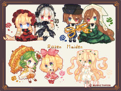  6+girls ashisu_(shisono) beret black_boots black_dress black_flower black_hat black_headdress black_pantyhose black_rose black_shoes black_wings blonde_hair bloomers blue_eyes blue_flower blue_pants blue_rose blue_shirt blush bonnet boots brown_hair bubble_skirt copyright_name cross cup deformed dress drill_hair flower flower_eyepatch flower_over_eye frilled_dress frilled_sleeves frills gothic_lolita green_dress green_eyes green_flower green_hair green_rose hair_flower hair_ornament hands_up hat hat_ornament headscarf heterochromia hinaichigo holding holding_scissors holding_stuffed_toy holding_umbrella holding_watering_can juliet_sleeves kanaria kirakishou knee_boots lappet lolita_fashion long_dress long_hair long_sleeves lowres mary_janes medium_hair multiple_girls orange_bloomers orange_flower orange_rose pants pantyhose petals petticoat pink_dress pink_flower pink_ribbon pink_rose pixel_art pleated_dress puffy_sleeves red_dress red_eyes red_flower red_rose ribbon rose rozen_maiden scissors shinku shirt shoes short_hair signature sitting skirt smile souseiseki stuffed_toy suigintou suiseiseki tea teacup twin_drills twintails umbrella watering_can wavy_hair white_background white_flower white_hair white_rose wings yakult yellow_dress 