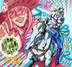  2boys beanie beard blonde_hair blue_eyes blue_lips blue_pants brown_hat commentary_request cowboy_hat emphasis_lines facial_hair gold_teeth golden_spiral green_lips grills grin gyro_zeppeli hat heart_ornament high_collar hood hood_down hoodie horse horse_print horseback_riding horseshoe_hat_ornament horseshoe_ornament johnny_joestar jojo_no_kimyou_na_bouken long_hair makeup male_focus multiple_boys my_man pants purple_shirt red_sleeves riding saddle saddlebags shirt slow_dancer_(jojo) smile spinning stand_(jojo) star_(symbol) star_print steel_ball_(jojo) steel_ball_run tusk_(stand) tusk_act1 two-tone_sleeves white_hat white_hoodie white_sleeves 