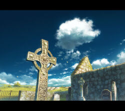  abandoned blue_sky bush celtic_cross clouds cola_(gotouryouta) commentary cross day english_commentary falling_leaves gate leaf letterboxed no_humans original outdoors real_world_location ruins scenery scotland sky tombstone 
