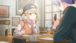  1boy 1girl aoyagi_touya azusawa_kohane baseball_cap black_hat blonde_hair blue_hair book cafe cellphone closed_mouth clothes_writing colorful_palette cup dot_nose drinking_glass drinking_straw english_text facing_another from_behind game_cg green_jacket hand_on_own_chin hat hat_ornament heart heart_necklace highres holding holding_pen holding_phone ice indoors jacket jewelry juice long_sleeves looking_at_phone low_twintails mug multicolored_hair necklace notebook official_art open_book orange_juice orange_sweater pen pencil_case phone picture_frame project_sekai red_trim saucer shirt short_hair show_'em_what's_up!_(project_sekai) sitting smartphone split-color_hair spoon star_(symbol) star_hat_ornament sweater third-party_source twintails v-shaped_eyebrows white_shirt window yellow_eyes 