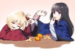 2girls :t arm_support black_hair blonde_hair blue_kimono bright_pupils closed_eyes commentary_request drooling eating food food_in_mouth fruit hair_between_eyes hair_ribbon hand_up holding holding_food hyoe_(hachiechi) inoue_takina japanese_clothes kimono light_blush long_hair long_sleeves lycoris_recoil mandarin_orange mouth_drool multiple_girls nishikigi_chisato one_side_up open_mouth pink_background poking_head red_kimono red_ribbon ribbon simple_background sleeping straight_hair violet_eyes white_pupils wide_sleeves 