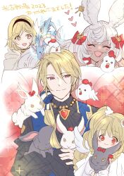  1boy 3girls ^_^ absurdres aglovale_(granblue_fantasy) aglovale_(valentine)_(granblue_fantasy) animal animal_ear_piercing animal_ears animal_hug animal_on_head animal_on_shoulder bird black_bow black_bowtie black_hairband black_rabbit_(animal) black_shirt blonde_hair blue_bow blue_vest bow bowtie braid braided_sidelocks brooch capelet cheek_press chicken choker cloak closed_eyes couch crescent crescent_hair_ornament dark-skinned_female dark_skin djeeta_(granblue_fantasy) dragon erune eyeliner flipped_hair frilled_sleeves frills gem granblue_fantasy hair_between_eyes hair_bow hair_ornament hair_over_shoulder hairband happy harvin heart highres holding holding_animal jewelry light_blush long_hair looking_at_animal looking_at_another mahira_(granblue_fantasy) mahira_(holiday)_(granblue_fantasy) makeup makura_(granblue_fantasy) multiple_girls on_head parted_bangs rabbit rabbit_ears rabbit_girl rabbit_on_shoulder red_bow red_eyeliner red_eyes red_gem rishiya shirt short_hair sidelocks sideways_glance small_dragon smile two_side_up upper_body vest white_background white_capelet white_cloak white_hair white_rabbit_(animal) yellow_choker yellow_eyes 