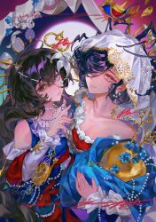  2girls absurdres bare_shoulders black_eyes black_hair blanket blue_dress blue_eyes chinese_commentary commentary_request commission dress hair_over_one_eye hand_up heise_shupian heterochromia highres holding holding_blanket jewel_under_eye long_hair multiple_girls oc_x_canon official_alternate_costume one_eye_covered original reverse:1999 short_hair sleeveless sleeveless_dress smile swaddled tuesday_(reverse:1999) upper_body veil violet_eyes white_veil 