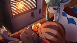  claws closed_eyes closed_mouth drooling eating food fruit glaceon heater lying mixed-language_commentary mouth_drool no_humans oguraan on_back on_floor open_mouth orange_(fruit) pig_snout pokemon pokemon_(creature) pokemon_focus sleeping sneasel space_heater swinub wooden_floor 