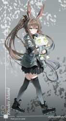  1girl absurdres amiya_(arknights) animal_ears ankle_boots arknights black_boots black_skirt black_thighhighs blue_eyes blush boots braid brown_hair chinese_commentary chromatic_aberration closed_mouth commentary_request crossed_bangs elevation_contour_lines full_body grey_background grey_hair grey_jacket hair_between_eyes highres holding jacket jewelry light_blush long_hair long_sleeves looking_at_viewer multiple_rings pleated_skirt ring ruo_xiao_wuli skirt sleeve_zipper smile solo split_mouth standing thigh-highs very_long_hair walking zipper zipper_pull_tab 