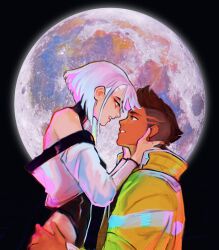  2girls bare_shoulders black_leotard brown_hair couple cropped_jacket cyberpunk:_edgerunners cyberpunk_(series) dark-skinned_male dark_skin david_martinez english_commentary eye_contact eyeliner from_side full_moon hands_on_another's_cheeks hands_on_another's_face high_collar highres huge_moon jacket leotard looking_at_another lucy_(cyberpunk) makeup mohawk moon multicolored_hair multiple_girls off-shoulder_jacket off_shoulder parted_lips pink_hair red_eyeliner sethkiel short_hair turtleneck turtleneck_leotard undercut white_hair white_jacket yellow_jacket 