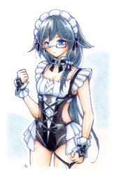  1girl black_hair black_one-piece_swimsuit blue_eyes closed_mouth commentary_request cosplay frilled_one-piece_swimsuit frills fu_hua glasses highres honkai_(series) honkai_impact_3rd long_hair looking_at_viewer maid_headdress mon_momu one-piece_swimsuit ponytail rita_rossweisse rita_rossweisse_(cosplay) rita_rossweisse_(icy_sea_spray) solo swimsuit traditional_media white_background 