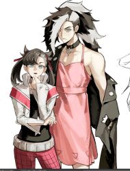  1boy 1girl belt black_choker black_hair black_jacket black_shirt blue_eyes brother_and_sister choker collarbone contrapposto cosplay costume_switch crossdressing crossdressing_(ftm) crossdressing_(mtf) dress hair_ribbon hand_on_own_chin jacket jacket_partially_removed lapels long_sleeves marnie_(pokemon) marnie_(pokemon)_(cosplay) multicolored_hair one_eye_covered open_mouth pants piers_(pokemon) piers_(pokemon)_(cosplay) pink_dress pokemon pokemon_sword_and_shield ponytail red_pants ribbon shirt siblings single_bare_shoulder spiked_cuffs standing switssin twintails white_background white_belt white_hair white_jacket 