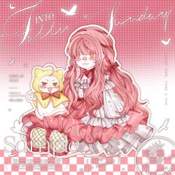  1girl :3 ahoge animal beads belt bird black_belt blunt_bangs blush_stickers bow bow_choker bowtie brown_eyes cat changlumanmanqixiuyuanxi character_doll chinese_commentary choker cloak closed_mouth clothed_animal commentary_request deformed doll ear_covers frilled_shirt frilled_skirt frilled_sleeves frills gradient_background grey_bow hair_bow hair_ribbon halftone halftone_background high-waist_skirt highres hood hood_up hooded_cloak infinity_nikki long_hair long_sidelocks long_skirt long_sleeves momo_(nikki) nikki_(nikki) nikki_(series) objectification off-shoulder_shirt off_shoulder outline pawpads perfect_start_(infinity_nikki) pink_bow pink_bowtie pink_choker pink_hair pink_ribbon pink_shoes pink_skirt pleated_skirt puffy_long_sleeves puffy_sleeves red_bow red_bowtie ribbon sample_watermark shirt shoes sidelocks single_stripe sitting skirt sleeve_bow sleeves_past_wrists smile solid_oval_eyes striped_bow striped_bowtie striped_clothes stuffed_animal stuffed_cat stuffed_toy too_many_watermarks tress_ribbon two-tone_background v-shaped_eyebrows very_long_hair watermark waving wavy_hair white_background white_cat white_outline white_shirt yellow_cloak 