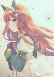  1girl animal_ears black_bow black_gloves blunt_bangs blush bow commentary_request ear_covers gloves green_eyes green_sailor_collar green_sleeves hachimitsu_monte hairband highres hime_cut horse_ears horse_girl long_hair long_sleeves orange_hair parted_lips sailor_collar silence_suzuka_(innocent_silence)_(umamusume) silence_suzuka_(umamusume) solo umamusume upper_body white_hairband 