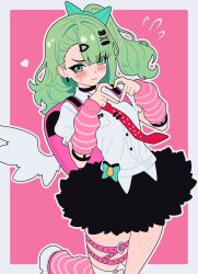  1girl arm_warmers bag bandaid bandaid_hair_ornament black_choker black_skirt blush border choker closed_mouth commentary earrings english_commentary flying_sweatdrops four-finger_heart_hands fur-trimmed_skirt fur_trim green_eyes green_hair grey_border hair_ornament heart heart_hair_ornament heart_hands highres jewelry leg_up leg_warmers loblob_art long_hair looking_at_viewer magikflaan multiple_hair_clips musical_note_earrings necktie pink_arm_warmers pink_background pink_bag pink_leg_warmers red_necktie shirt skirt solo striped_arm_warmers striped_leg_warmers sunna_(zenless_zone_zero) white_shirt white_wings winged_bag wings zenless_zone_zero 