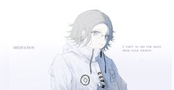  1boy absurdres aotsuki_eito breast_pocket chinese_commentary commentary_request drawstring english_text glasses grey_hair highres jacket looking_at_viewer male_focus pocket short_hair shuiguiyayizhi sidelighting smile solo the_hundred_line_-last_defense_academy- upper_body variant_set violet_eyes white_background white_jacket 