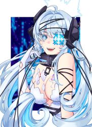  absurdres artist_name audio_jack black_collar blue_eyes blue_hair body_markings breasts broken broken_chain cable chain clothing_cutout collar dress facial_mark fangs glove_cutout headgear highres indie_virtual_youtuber itsaboutspoons long_hair medium_breasts multicolored_hair sayu_sincronisity sayu_sincronisity_(3rd_costume) teeth twitter_username two-tone_hair virtual_youtuber white_dress white_hair 