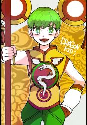 1girl altair6363 bright_pupils character_name commentary_request cowboy_shot dragon_kid dragon_print eyelashes fingernails green_eyes green_hair hand_on_own_hip highres holding holding_staff huang_pao-lin lower_teeth_only open_mouth outline pillarboxed shirt short_hair smile solo staff straight-on superhero_costume teeth tiger_&amp;_bunny very_short_hair white_outline white_pupils yellow_shirt 